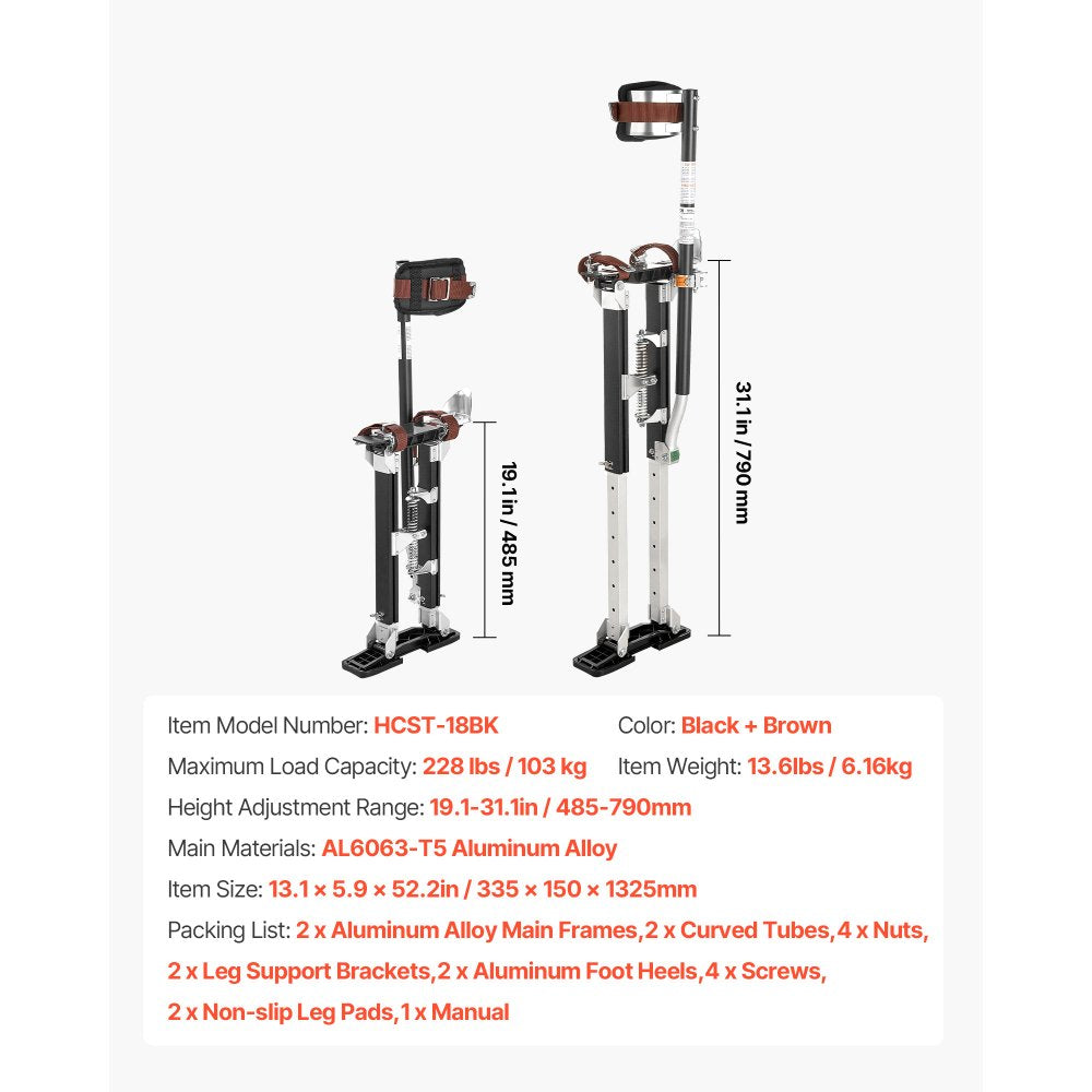 VEVOR Drywall Stilts, 19.1–31.1 in Adjustable Aluminum Painter Stilts, 228 lbs Load Capacity, Non-Slip Rubber Feet, Dual Spring Shock Absorption, Comfortable Leg Straps for Painting, Decoration, Black