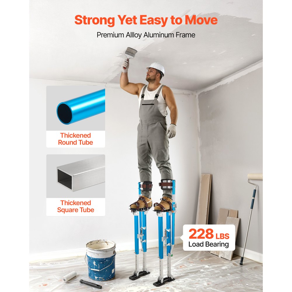 VEVOR Drywall Stilts, 24.2–40.3 Inch Adjustable Aluminum Painter Stilts, 228 lbs Load Capacity, Non-Slip Rubber Feet, Dual Spring Shock Absorption, Comfortable Leg Straps for Painting, Decoration,Blue
