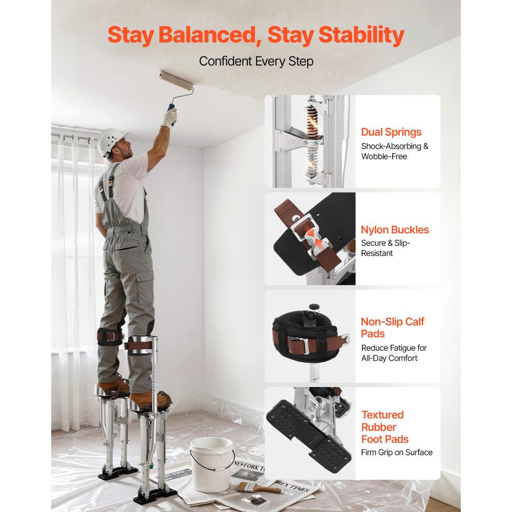VEVOR Drywall Stilts, 16.1–24.1 in Adjustable Aluminum Painter Stilts, 228 lbs Load Capacity, Non-Slip Rubber Feet, Dual Spring Shock Absorption, Comfortable Leg Straps for Painting, Decoration,Silver