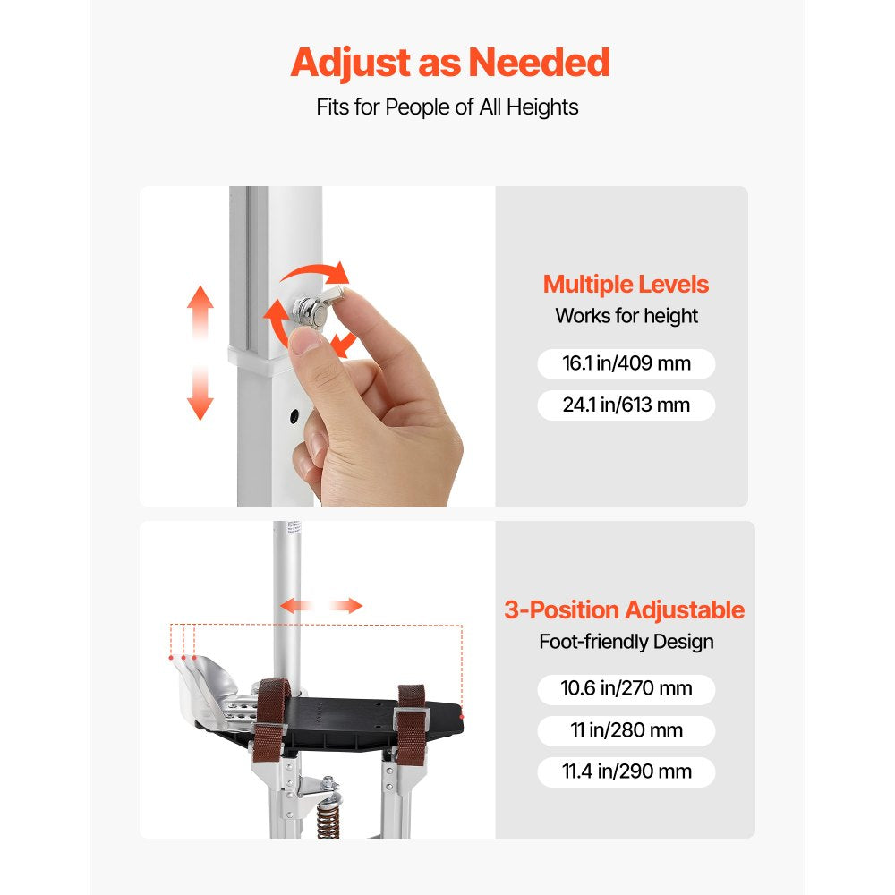 VEVOR Drywall Stilts, 16.1–24.1 in Adjustable Aluminum Painter Stilts, 228 lbs Load Capacity, Non-Slip Rubber Feet, Dual Spring Shock Absorption, Comfortable Leg Straps for Painting, Decoration,Silver