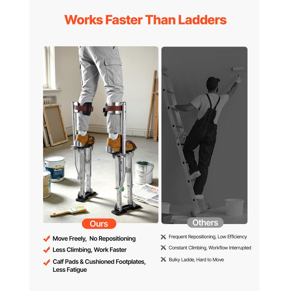 VEVOR Drywall Stilts, 16.1–24.1 in Adjustable Aluminum Painter Stilts, 228 lbs Load Capacity, Non-Slip Rubber Feet, Dual Spring Shock Absorption, Comfortable Leg Straps for Painting, Decoration,Silver