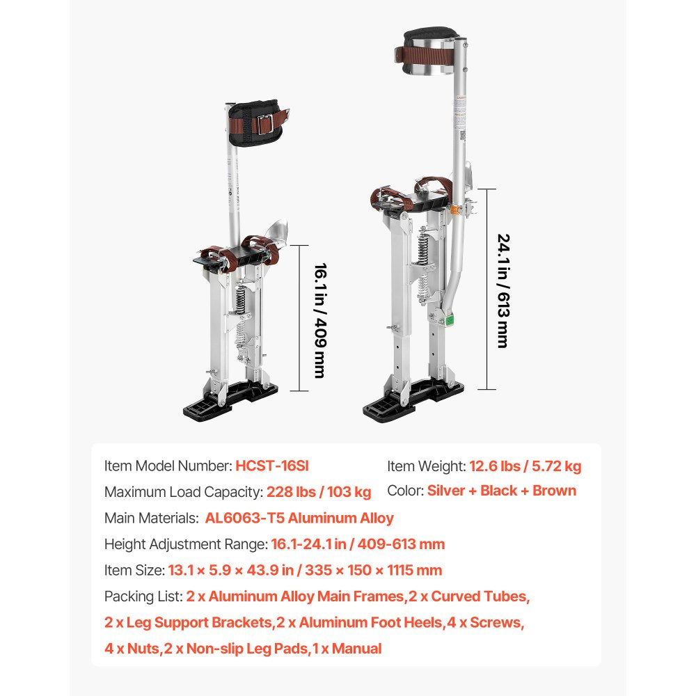 VEVOR Drywall Stilts, 16.1–24.1 in Adjustable Aluminum Painter Stilts, 228 lbs Load Capacity, Non-Slip Rubber Feet, Dual Spring Shock Absorption, Comfortable Leg Straps for Painting, Decoration,Silver