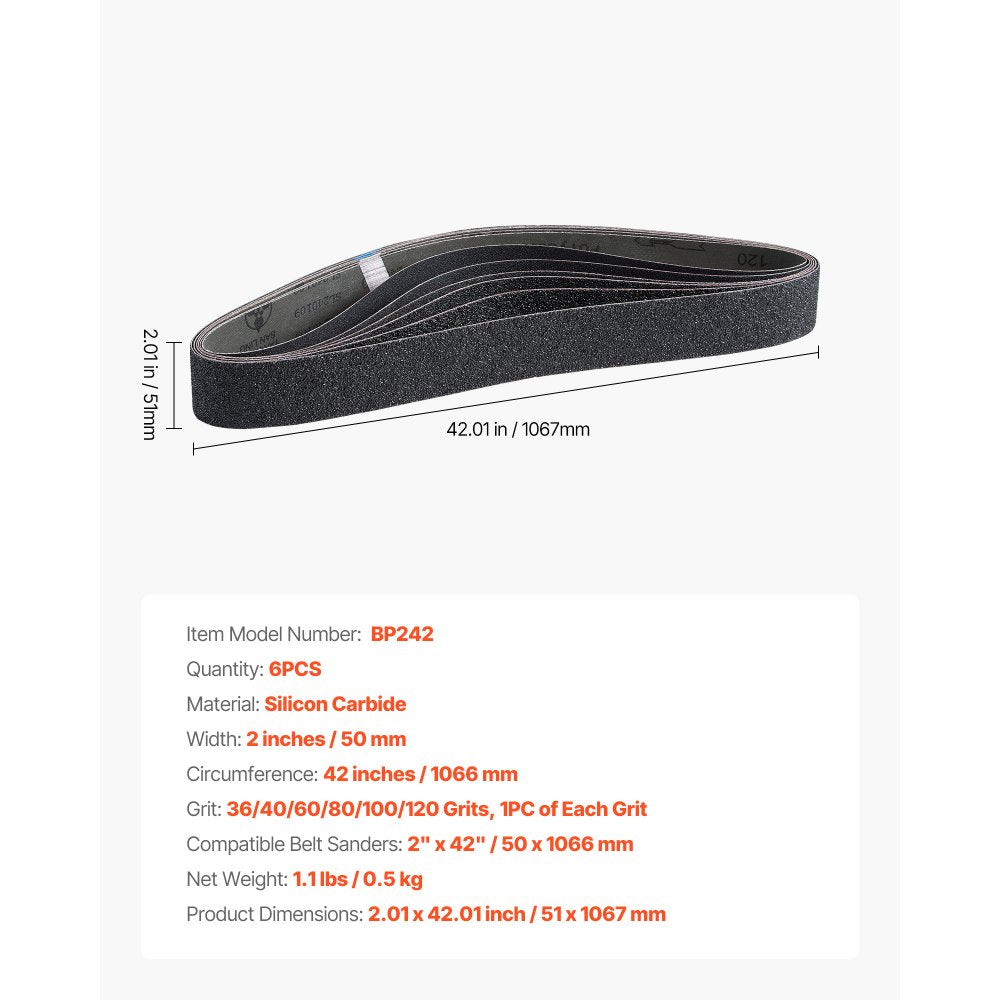 VEVOR Sanding Belts, 2 x 42-inch Belt Sander Sanding Belts, 6 PCS (Each of 36 40 60 80 100 120 Assorted Grits) Silicon Carbide for Knife Sharpening, Metalworking, Composites, Plastic Finishing