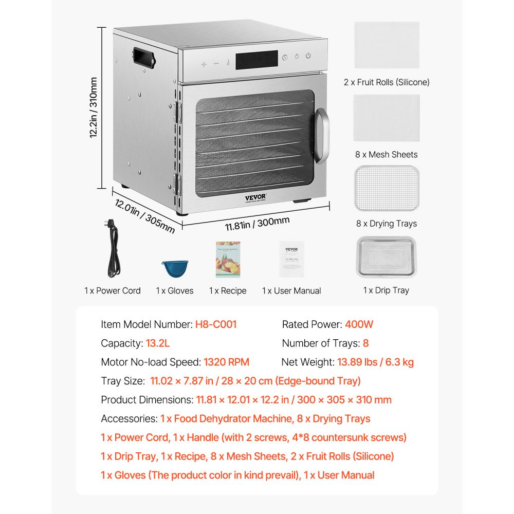 VEVOR Food Dehydrator Machine, 8 Stainless Steel Trays, 400W Electric Food Dryer with Adjustable Temperature & 24-Hour Timer, Heated Dryer for Jerky, Meat, Fruit, Vegetables, Herbs, Dog Treats