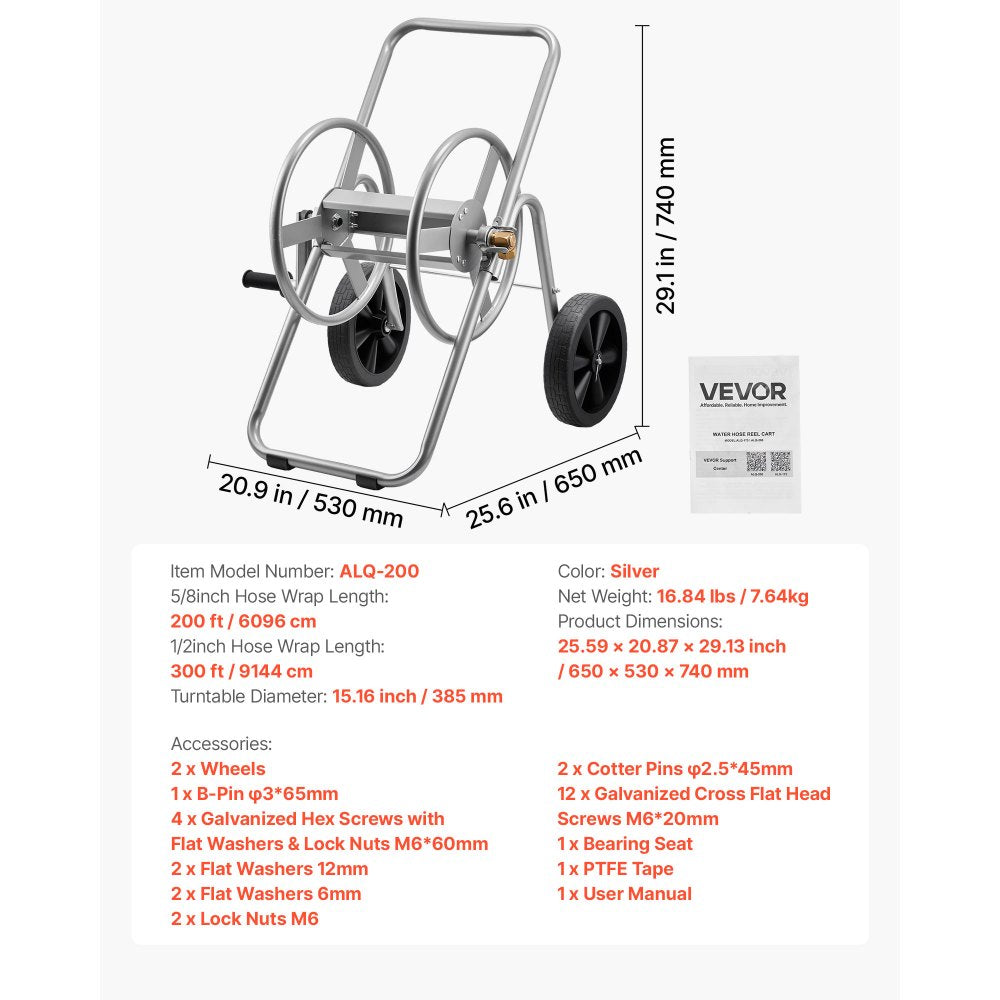 VEVOR Water Hose Reel Cart, 200/300 ft High-Pressure Garden Hose Cart, Hoses Reel Carts with Two Wheels, Handle & Heavy-Duty Mesh Storage Basket, Portable Hoses Reels for Garden Watering, Car Washing