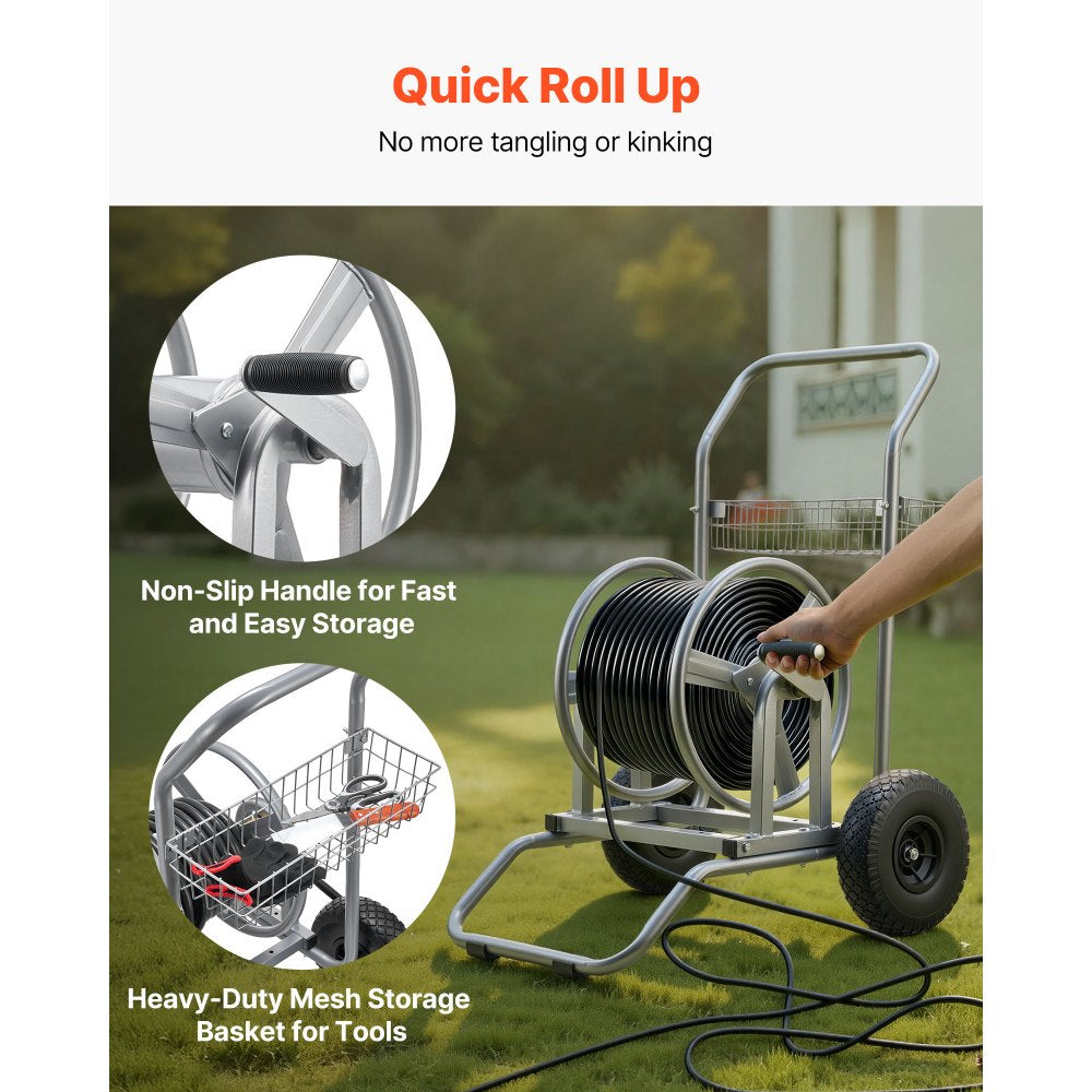 VEVOR Water Hose Reel Cart, 200/300ft High-Pressure Garden Hose Cart, Hoses Reel Carts with Two Wheels, Handle & Heavy-Duty Mesh Storage Basket, Dual-Purpose Portable Hoses Reels for Garden, Car, Pet