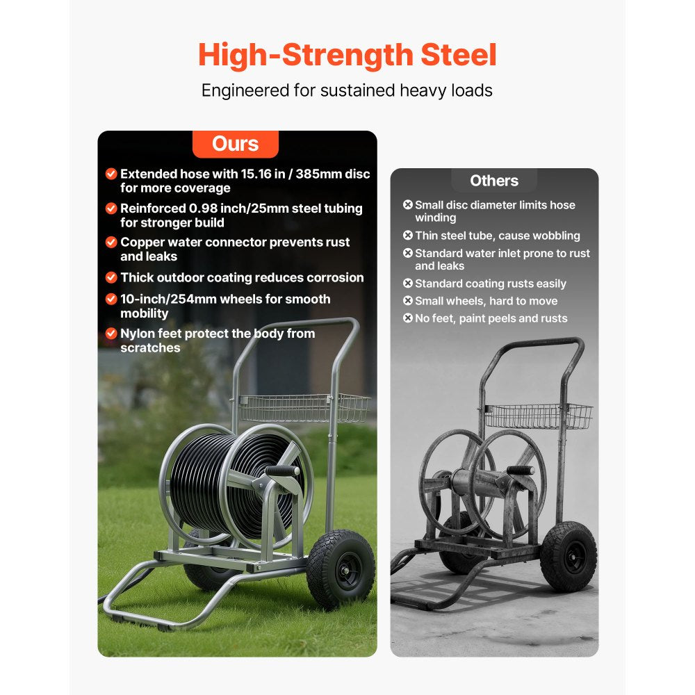 VEVOR Water Hose Reel Cart, 200/300ft High-Pressure Garden Hose Cart, Hoses Reel Carts with Two Wheels, Handle & Heavy-Duty Mesh Storage Basket, Dual-Purpose Portable Hoses Reels for Garden, Car, Pet