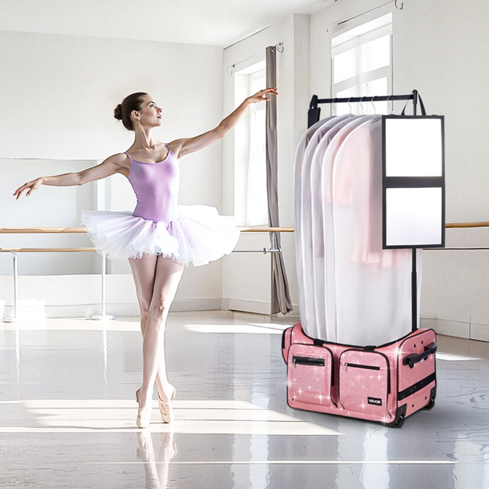 VEVOR Dance Bag with Garment Rack, 23 Inch Rolling Dance Duffel, with Wheels, USB Port, Height Adjustable Clothes Rack, Privacy Protection Curtain, Ideal for Travel and Competitions, Sparkling Pink