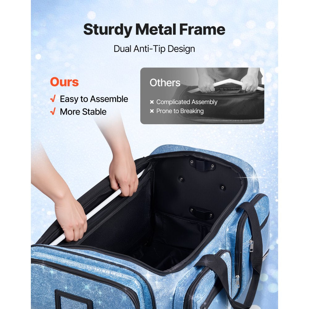 VEVOR Dance Bag with Garment Rack, 29 Inch Rolling Dance Duffel, with Wheels, USB Port, Height Adjustable Clothes Rack, Privacy Protection Curtain, Ideal for Travel and Competitions, Sparkling Blue