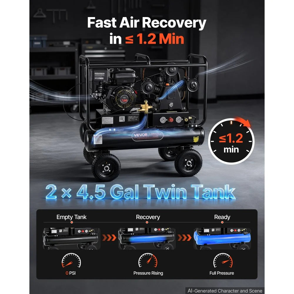 VEVOR 9 Gallon Twin-Tank Gas Powered Air Compressor, 7HP 6.2CFM at 90PSI Gas-Driven Air Compression System with Three-Cylinder Piston Pump, 115 PSI Max Pressure & 4 Wheels for Workshops (4.5 Gal x 2)