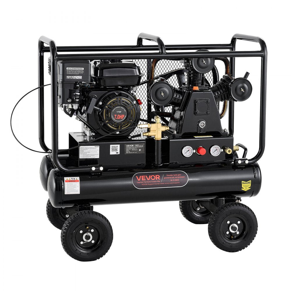 VEVOR 9 Gallon Twin-Tank Gas Powered Air Compressor, 7HP 6.2CFM at 90PSI Gas-Driven Air Compression System with Three-Cylinder Piston Pump, 115 PSI Max Pressure & 4 Wheels for Workshops (4.5 Gal x 2)