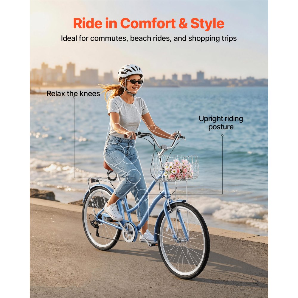VEVOR Women Bike, 26 in Beach Cruiser Bike, 7-Speed Adult City Bicycle with Aluminum Alloy Frame, 330 lbs Capacity, Basket, Rear Rack & Dual V-Brakes, Light Blue