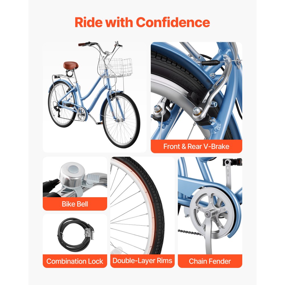 VEVOR Women Bike, 26 in Beach Cruiser Bike, 7-Speed Adult City Bicycle with Aluminum Alloy Frame, 330 lbs Capacity, Basket, Rear Rack & Dual V-Brakes, Light Blue