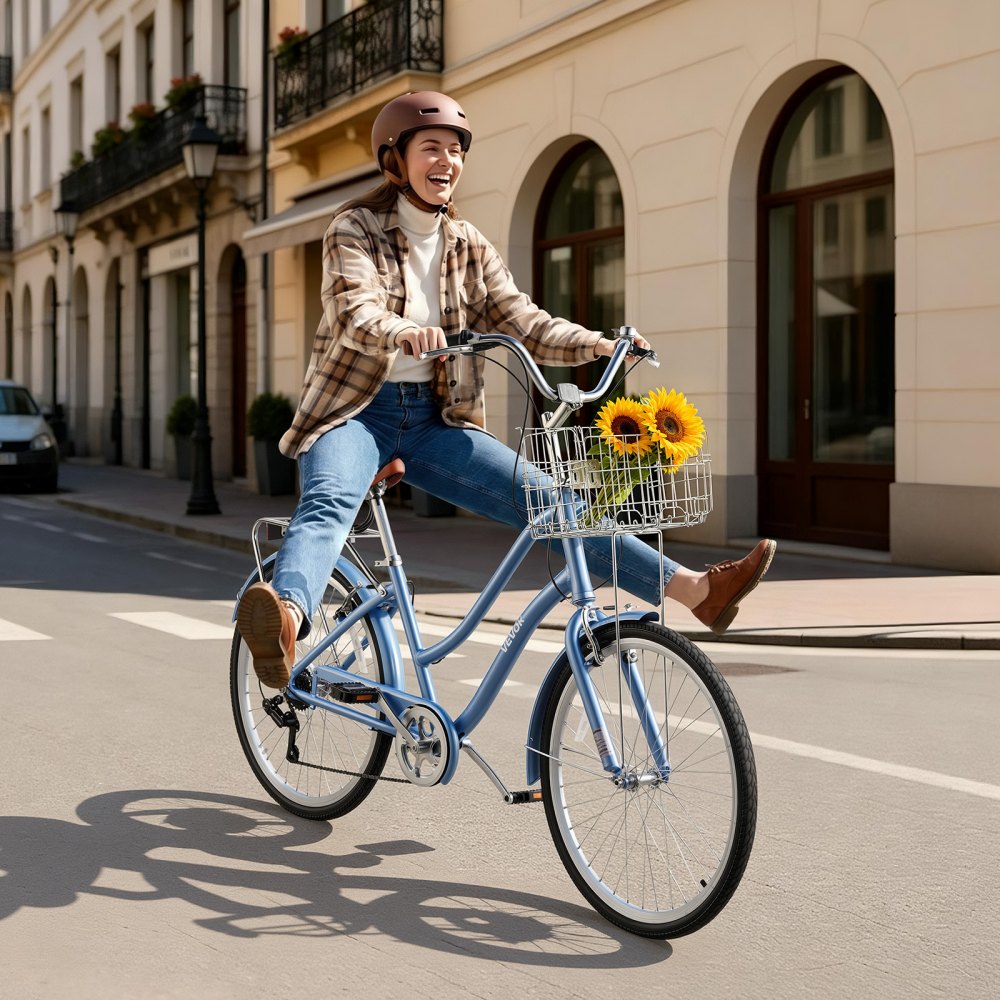 VEVOR Women Bike, 26 in Beach Cruiser Bike, 7-Speed Adult City Bicycle with Aluminum Alloy Frame, 330 lbs Capacity, Basket, Rear Rack & Dual V-Brakes, Light Blue