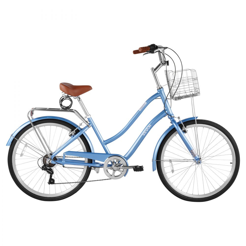 VEVOR Women Bike, 26 in Beach Cruiser Bike, 7-Speed Adult City Bicycle with Aluminum Alloy Frame, 330 lbs Capacity, Basket, Rear Rack & Dual V-Brakes, Light Blue