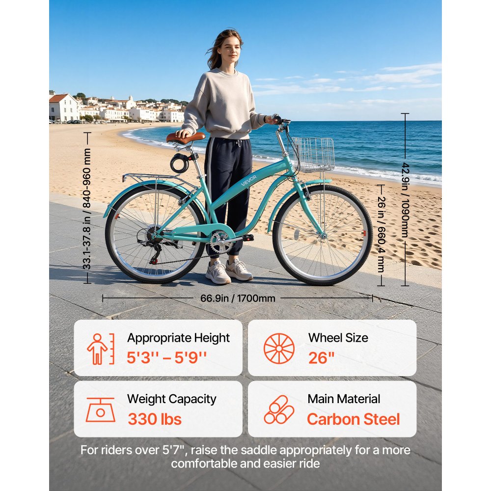 VEVOR Women Bike, 26 in Beach Cruiser Bike, 7-Speed Adult City Bicycle with Carbon Steel Frame, 330 lbs Capacity, Basket, Rear Rack & Dual V-Brakes, Mint Green