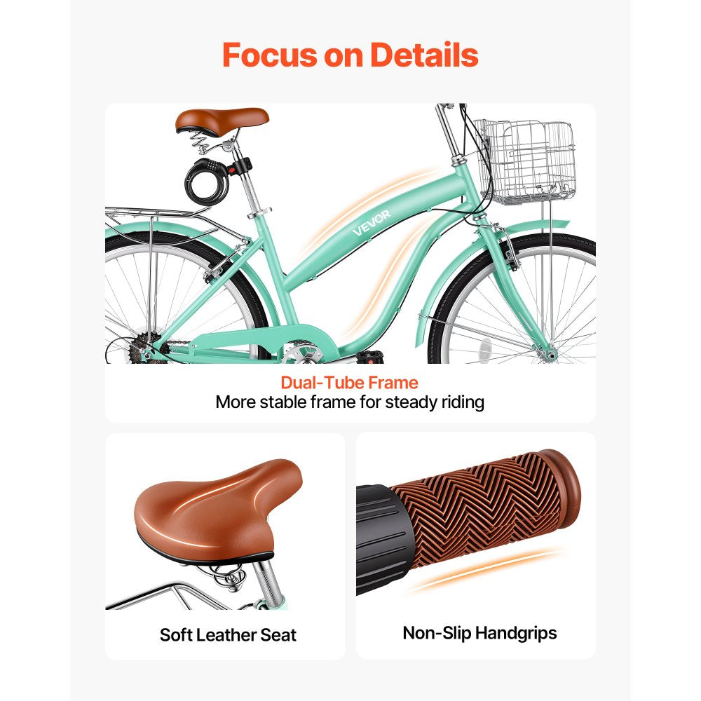 VEVOR Women Bike, 26 in Beach Cruiser Bike, 7-Speed Adult City Bicycle with Carbon Steel Frame, 330 lbs Capacity, Basket, Rear Rack & Dual V-Brakes, Mint Green