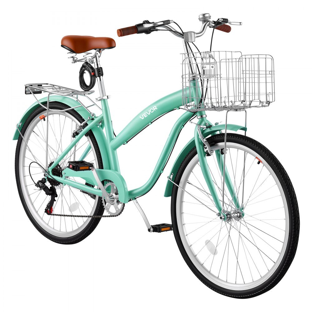 VEVOR Women Bike, 26 in Beach Cruiser Bike, 7-Speed Adult City Bicycle with Carbon Steel Frame, 330 lbs Capacity, Basket, Rear Rack & Dual V-Brakes, Mint Green