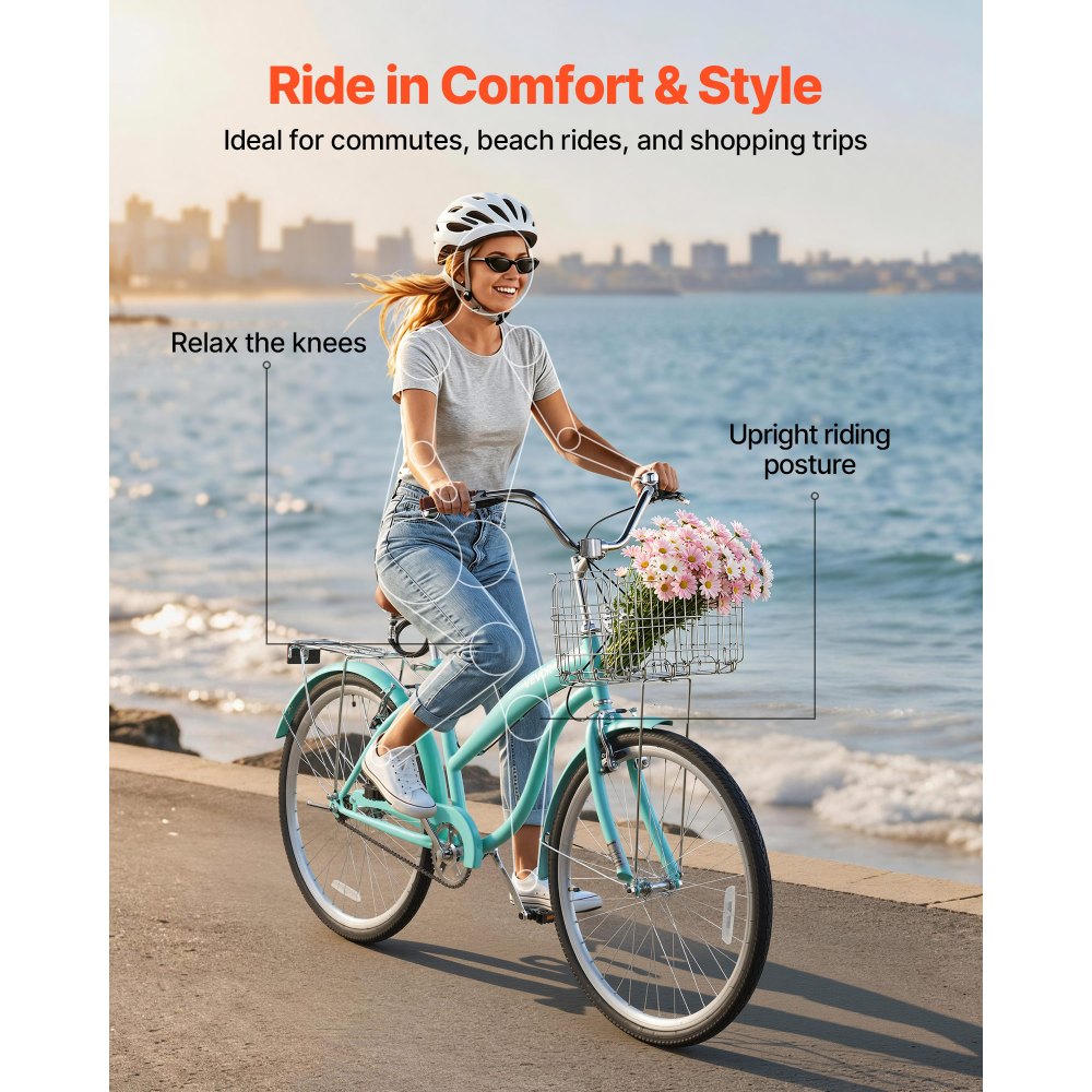 VEVOR Women Bike, 26 in Beach Cruiser Bike, Single-Speed Adult City Bicycle with Steel Frame, 330 lbs Capacity, Basket, Rear Rack & Dual V-Brakes, Mint Green