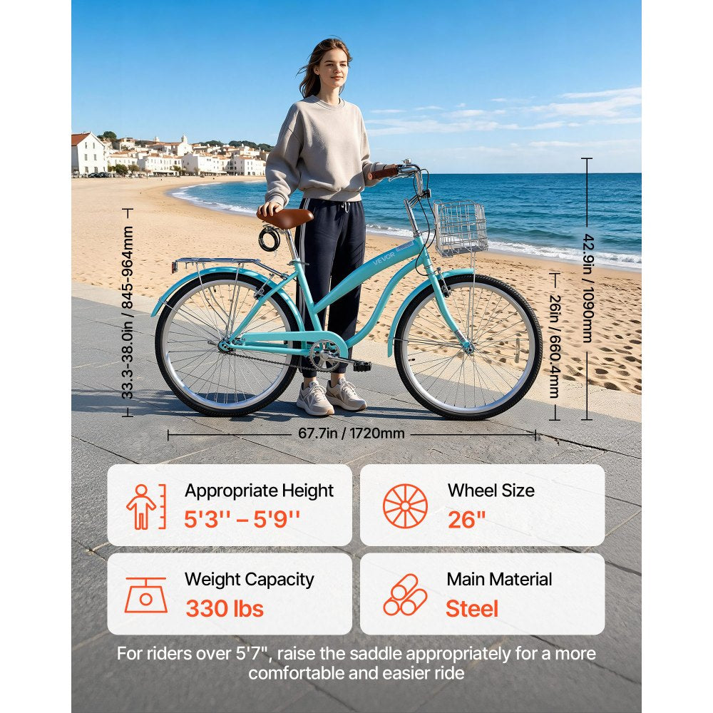 VEVOR Women Bike, 26 in Beach Cruiser Bike, Single-Speed Adult City Bicycle with Steel Frame, 330 lbs Capacity, Basket, Rear Rack & Dual V-Brakes, Mint Green