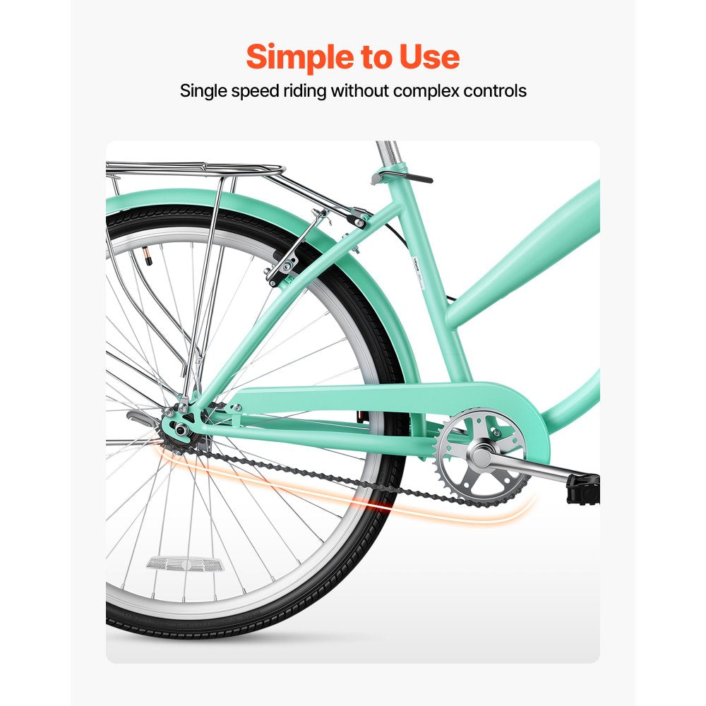 VEVOR Women Bike, 26 in Beach Cruiser Bike, Single-Speed Adult City Bicycle with Steel Frame, 330 lbs Capacity, Basket, Rear Rack & Dual V-Brakes, Mint Green