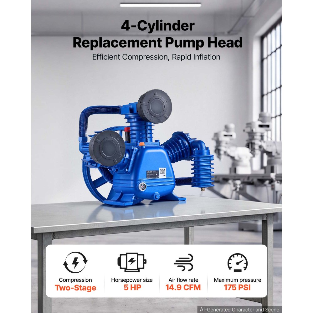 VEVOR Air Compressor Pump Head, 5HP 14.9CFM, 3-Cylinder Oil Lubricated Air Compressor Pump Head, Dual Stage Cast Iron Replacement Head with Max 175PSI Pressure for Woodworking Auto Repair