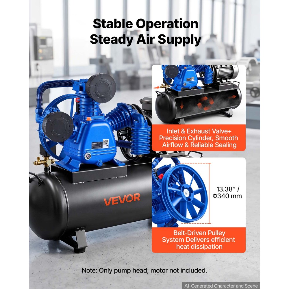 VEVOR Air Compressor Pump Head, 5HP 14.9CFM, 3-Cylinder Oil Lubricated Air Compressor Pump Head, Dual Stage Cast Iron Replacement Head with Max 175PSI Pressure for Woodworking Auto Repair