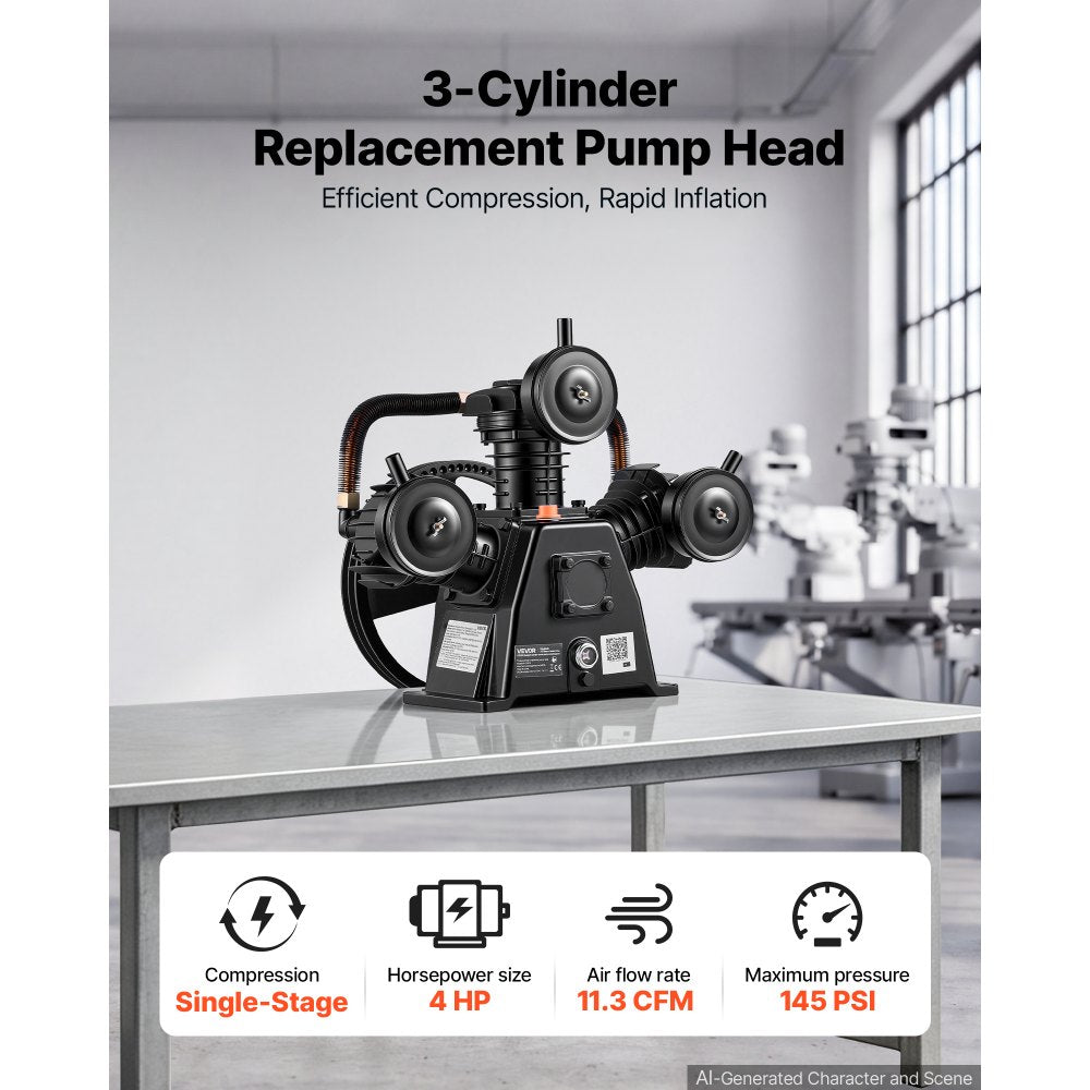 VEVOR Air Compressor Pump Head, 4HP 11.3CFM, 3-Cylinder Oil Lubricated Air Compressor Pump Head, Single Stage Cast Iron Replacement Head with Max 145PSI Pressure for Woodworking Auto Repair