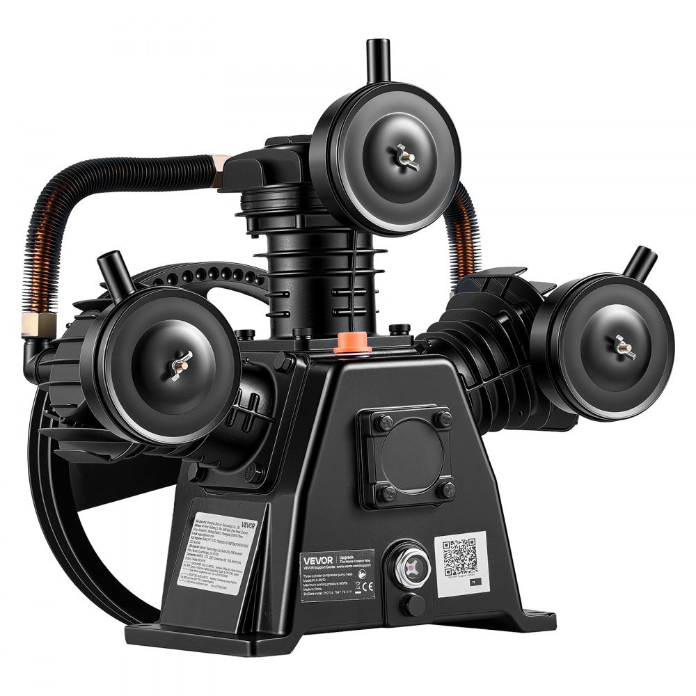 VEVOR Air Compressor Pump Head, 4HP 11.3CFM, 3-Cylinder Oil Lubricated Air Compressor Pump Head, Single Stage Cast Iron Replacement Head with Max 145PSI Pressure for Woodworking Auto Repair