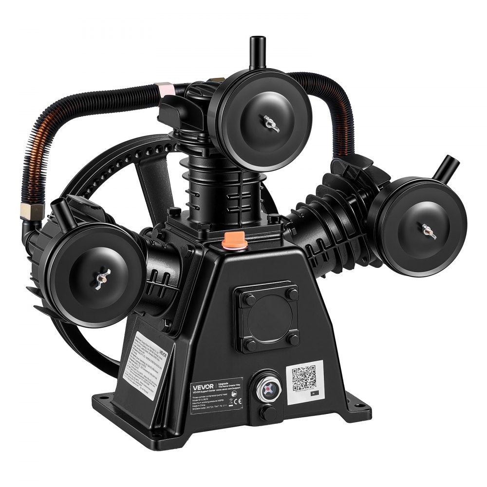 VEVOR Air Compressor Pump Head, 4HP 11.3CFM, 3-Cylinder Oil Lubricated Air Compressor Pump Head, Single Stage Cast Iron Replacement Head with Max 145PSI Pressure for Woodworking Auto Repair