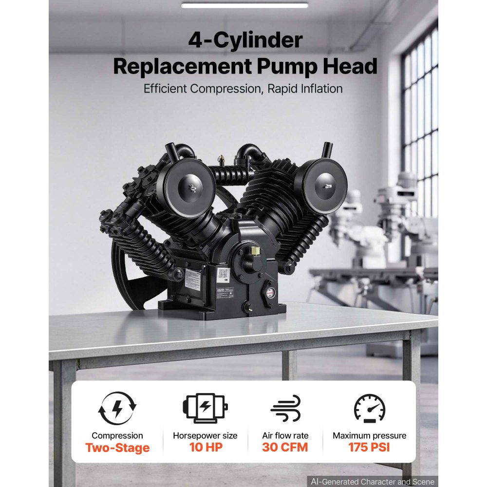VEVOR Air Compressor Pump Head, 10HP 30CFM, 4-Cylinder Oil Lubricated Air Compressor Pump Head, Dual Stage Cast Iron Replacement Head with Max 175PSI Pressure for Woodworking Auto Repair