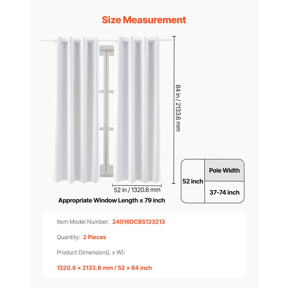 VEVOR Blackout Curtains, White Blocking Drapes for Bedroom and Living Room, 2 Panels Set Grommet Room Darkening Curtain, Solid Thermal Insulated Drapes, Noise Reducing Window Treatments, 52x84 inch