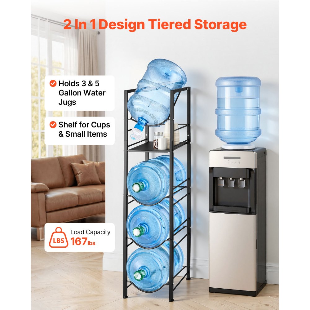 VEVOR Water Jug Holder, 5 Tiers 3 and 5 Gallon Water Bottle Holder for 4 Bottles, Heavy Duty Jug Rack Organizer with Storage Shelf, Adjustable Feet, and Handle, for Kitchen, Office, Living Room, Black