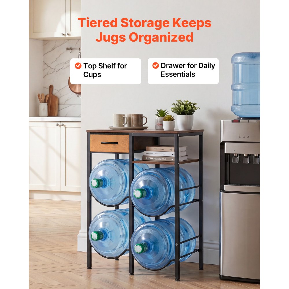 VEVOR Water Jug Holder, 4 Tiers Double Rows 3 and 5 Gallon Water Bottle Holder for 4 Bottles, Heavy Duty Jug Rack Organizer with Storage Shelf and Drawer, for Kitchen, Living Room, Black and Brown