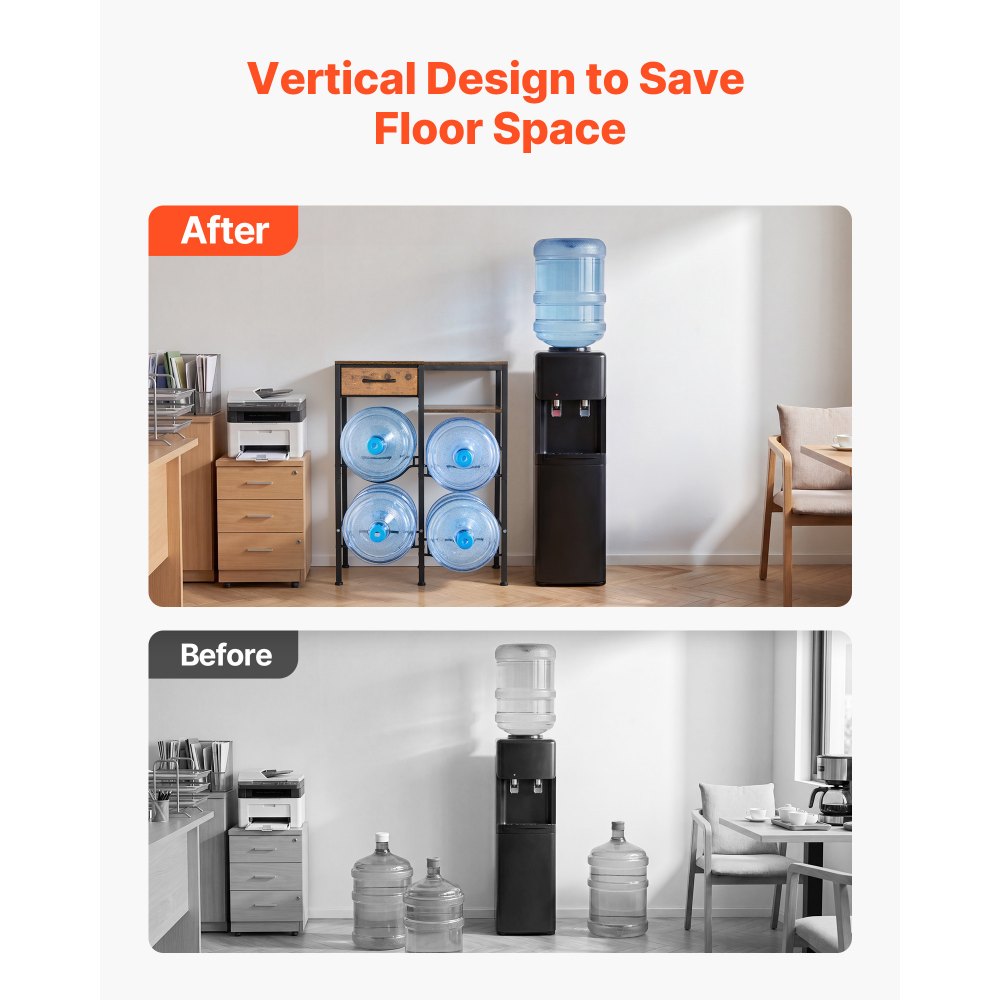 VEVOR Water Jug Holder, 4 Tiers Double Rows 3 and 5 Gallon Water Bottle Holder for 4 Bottles, Heavy Duty Jug Rack Organizer with Storage Shelf and Drawer, for Kitchen, Living Room, Black and Brown