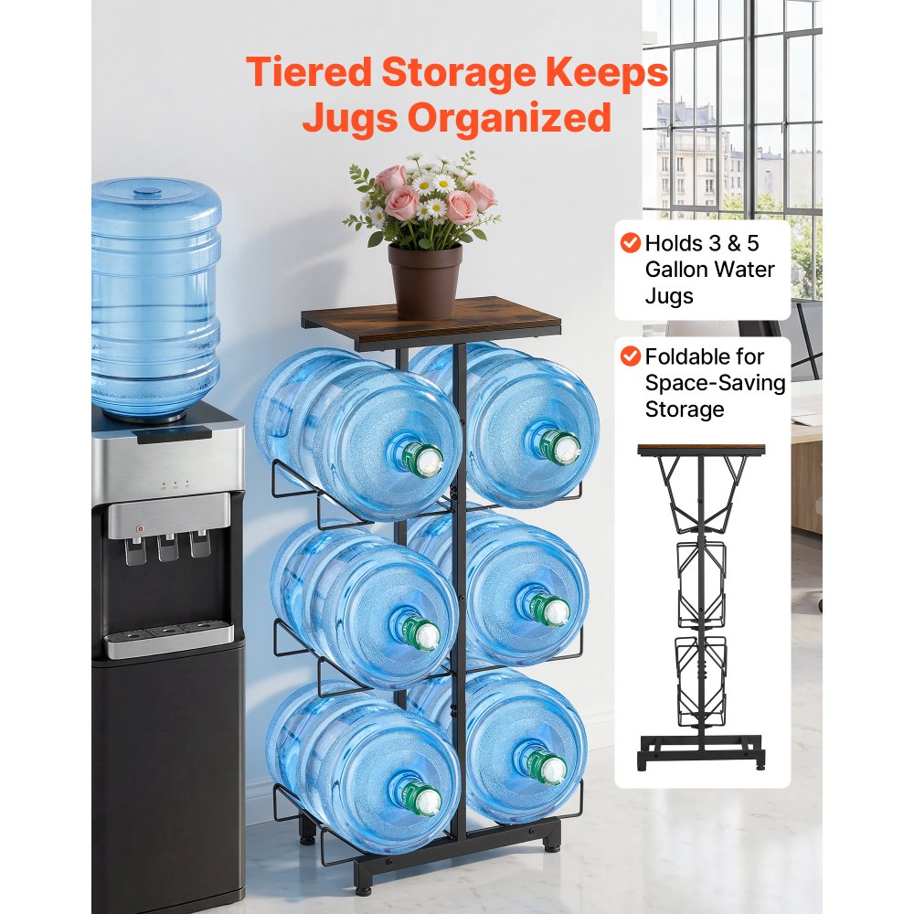 VEVOR Water Jug Holder, 4 Tiers Double Rows 3 and 5 Gallon Water Bottle Holder for 6 Bottles, Heavy Duty Jug Rack Organizer with Handles, Foldable for Kitchen, Office, Living Room, Black and Brown