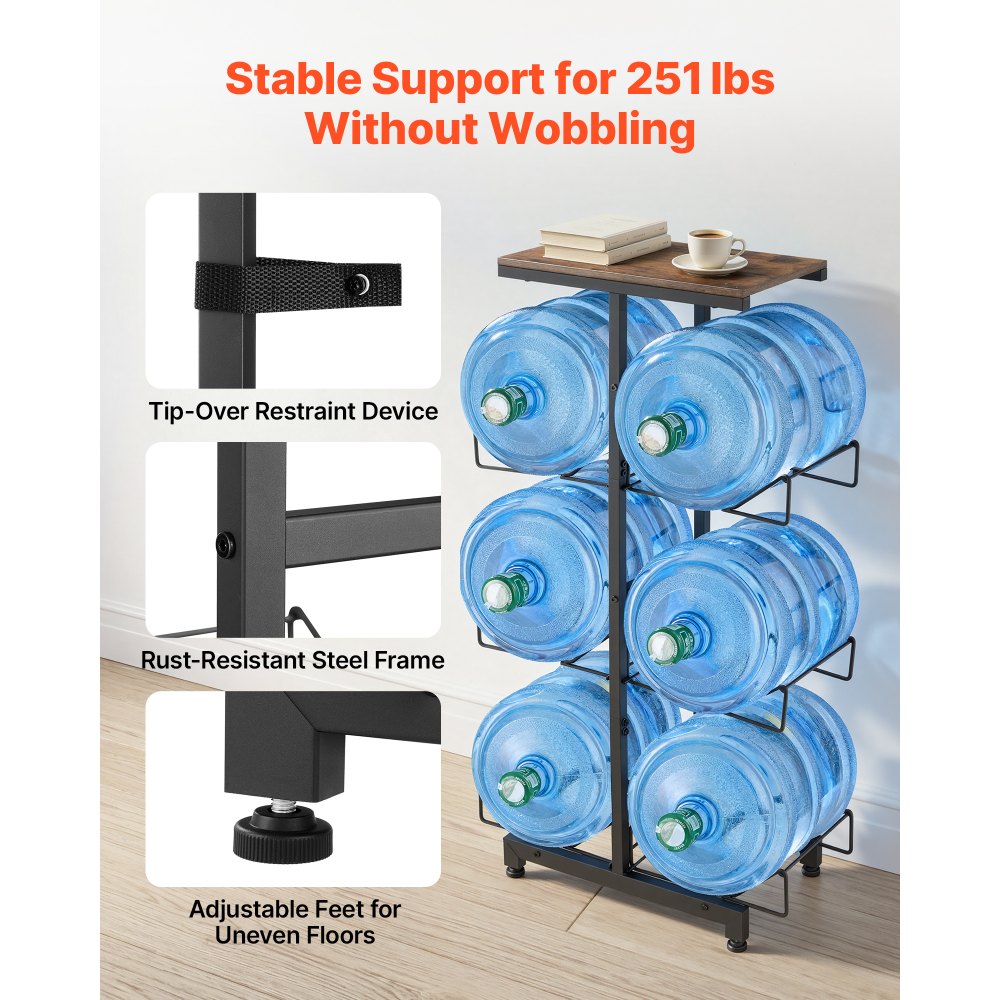 VEVOR Water Jug Holder, 4 Tiers Double Rows 3 and 5 Gallon Water Bottle Holder for 6 Bottles, Heavy Duty Jug Rack Organizer with Handles, Foldable for Kitchen, Office, Living Room, Black and Brown