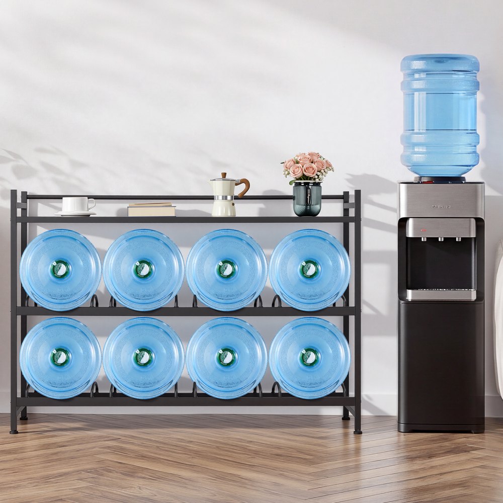 VEVOR Water Jug Holder, 3 Tiers 4 Rows 3 and 5 Gallon Water Bottle Holder for 8 Bottles, Heavy Duty Jug Rack Organizer with Storage Shelf, Angled Design, for Kitchen, Office, Living Room, Black