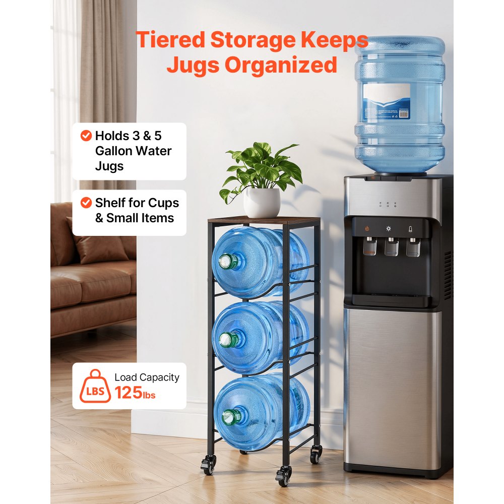 VEVOR Water Jug Holder, 4 Tiers 3 and 5 Gallon Water Bottle Holder for 3 Bottles, Heavy Duty Jug Rack Organizer with Storage Shelf and Casters, for Kitchen, Office, Living Room, Black and Brown