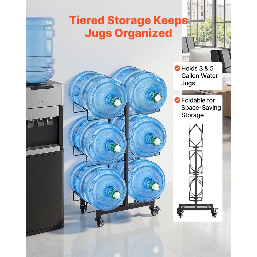 VEVOR Water Jug Holder, 3 Tiers Double Rows 3 and 5 Gallon Water Bottle Holder for 6 Bottles, Heavy Duty Jug Rack Organizer with Casters and Handles, Foldable for Kitchen, Office, Living Room, Black