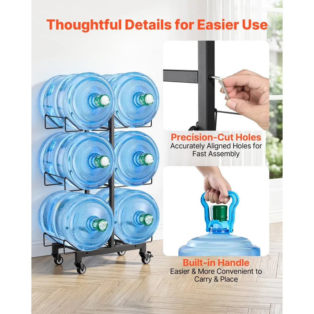 VEVOR Water Jug Holder, 3 Tiers Double Rows 3 and 5 Gallon Water Bottle Holder for 6 Bottles, Heavy Duty Jug Rack Organizer with Casters and Handles, Foldable for Kitchen, Office, Living Room, Black