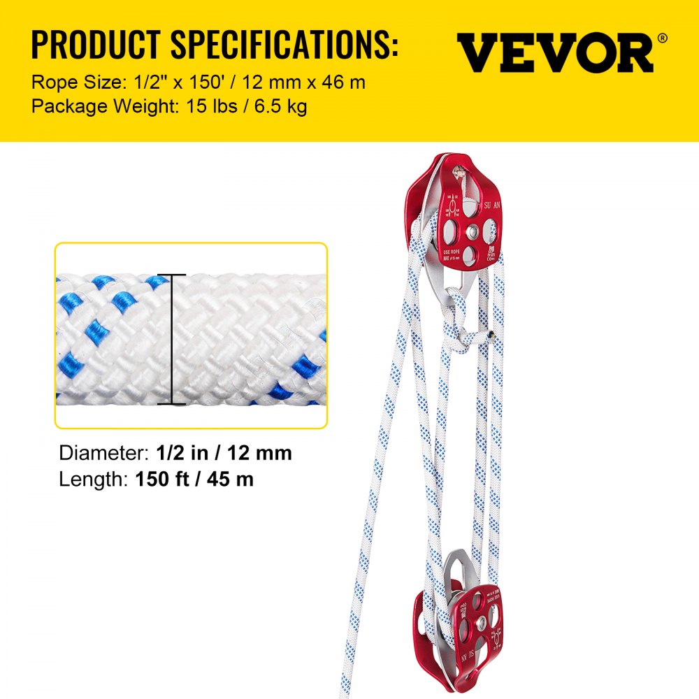 Twin Sheave Block and Tackle 7700LBS Pulley 150Ft, 1/2Inch Double Braid Rope