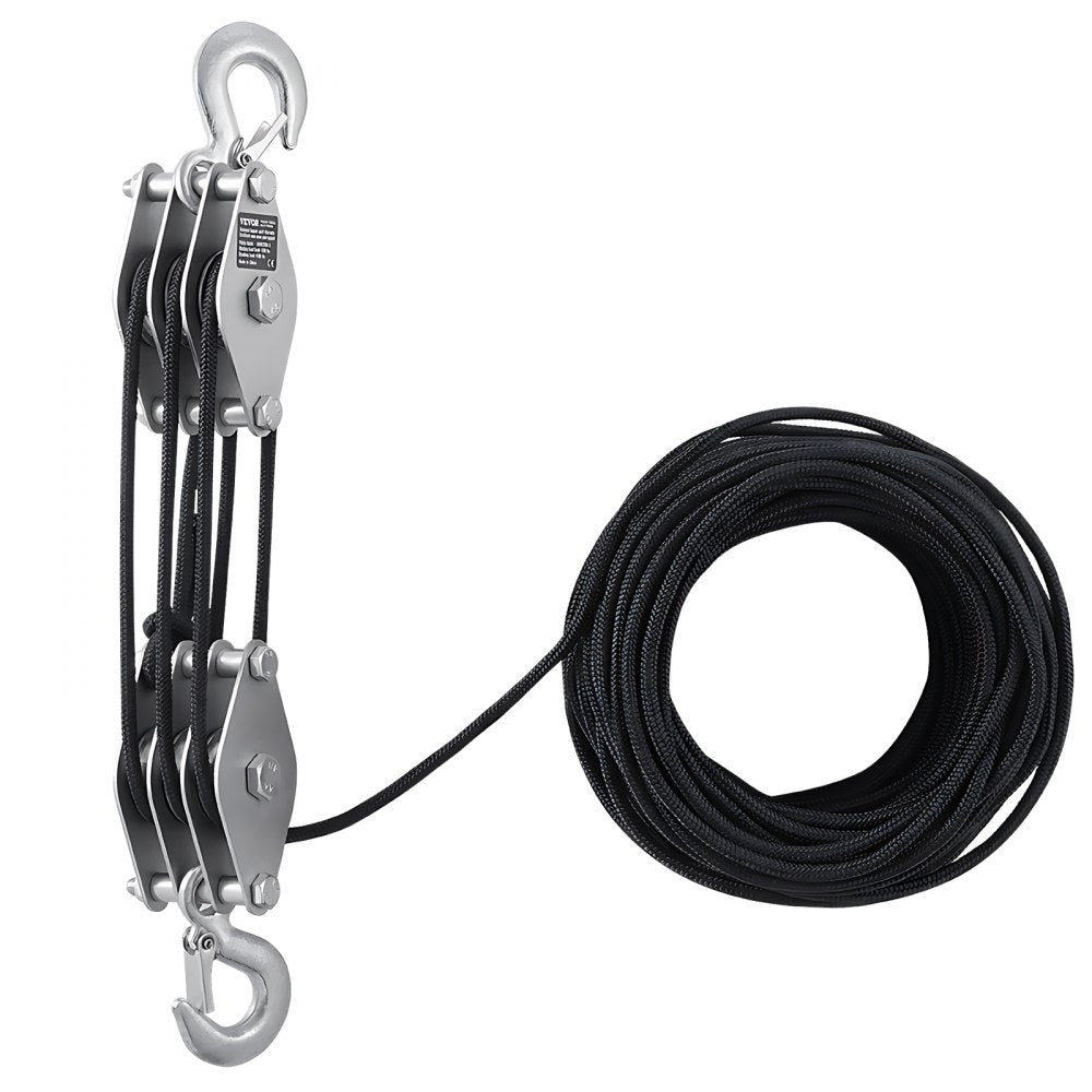 VEVOR 4400 lbs Breaking Strength 100 FT Rope Pulley Hoist, 5:1 Lifting Power Heavy Duty Pulley System with 2pcs Soft Loops, Metal Wheels Bearing Structure, Block and Tackle for Lifting Heavy Objects