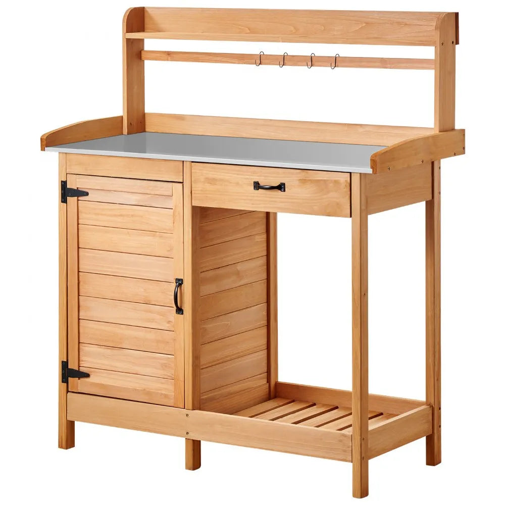 VEVOR Potting Bench Table, 3-in-1 Outdoor Gardening Wooden Workstation with 44 x 19 in Galvanized Iron Tabletop, Garden Work Station with Drawer, Storage Cabinet & Shelves, Hooks for Patio, Backyard