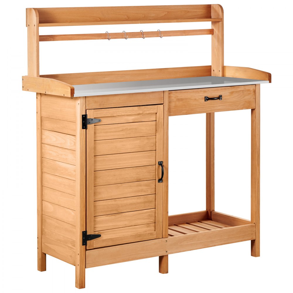 VEVOR Potting Bench Table, 3-in-1 Outdoor Gardening Wooden Workstation with 44 x 19 in Galvanized Iron Tabletop, Garden Work Station with Drawer, Storage Cabinet & Shelves, Hooks for Patio, Backyard