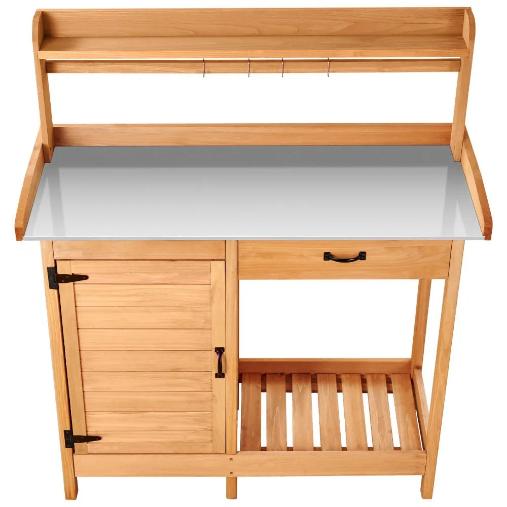 VEVOR Potting Bench Table, 3-in-1 Outdoor Gardening Wooden Workstation with 44 x 19 in Galvanized Iron Tabletop, Garden Work Station with Drawer, Storage Cabinet & Shelves, Hooks for Patio, Backyard
