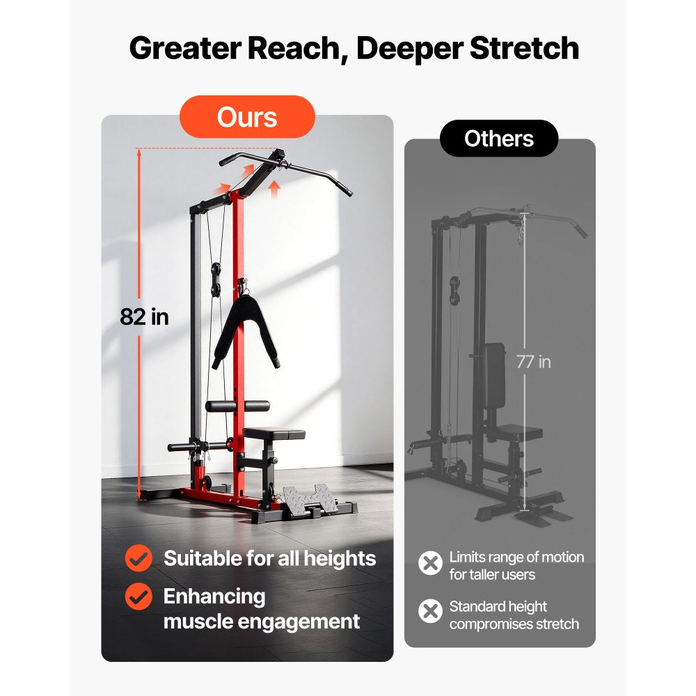 VEVOR LAT Pull Down Machine, 3-in-1 Row Cable Machine, Cable Machines Home Gym with 3-Level Adjustable Seat, 4-Level Adjustable Foam Roller, Load 400 lbs Lat Tower for Back, Chest, Tricep, Black