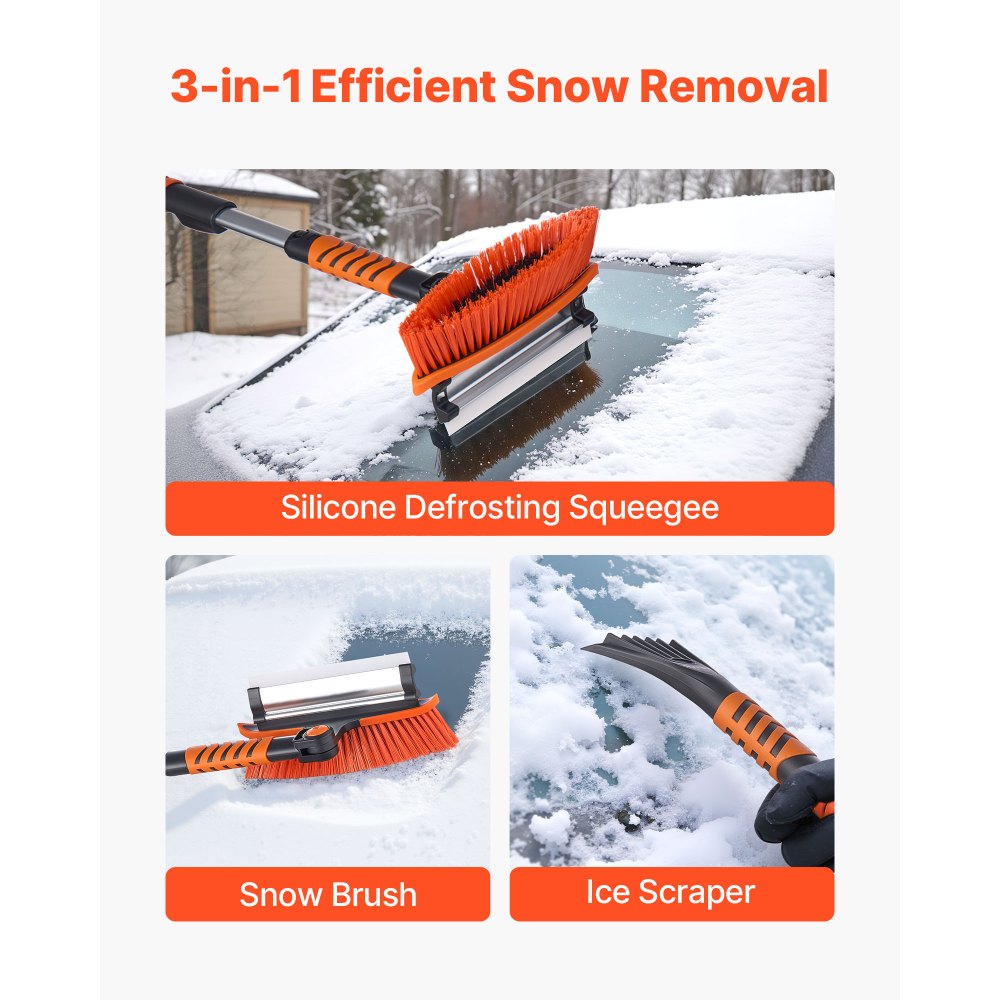 VEVOR Car Snow Brush, 3-in-1 Snow Remover for Car Windshield - with 180° Pivoting Brush Head, Squeegee & Ice Scraper, 34.3"-42.1" Extendable Aluminum Handle and Foam Grip for Cars, Truck, SUV, RV