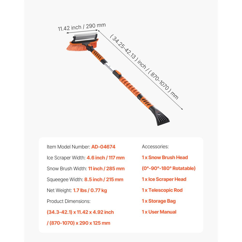 VEVOR Car Snow Brush, 3-in-1 Snow Remover for Car Windshield - with 180° Pivoting Brush Head, Squeegee & Ice Scraper, 34.3"-42.1" Extendable Aluminum Handle and Foam Grip for Cars, Truck, SUV, RV