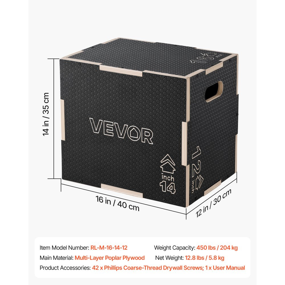 VEVOR 3-in-1 Wooden Plyo Box, 12/14/16-Inch, Non-Slip Plyometric Jump Boxes, for Home Gym, Step-Up Training Exercise Platform with Smooth Edges, Built-In Handles, Pre-Drilled Holes & Stable Support